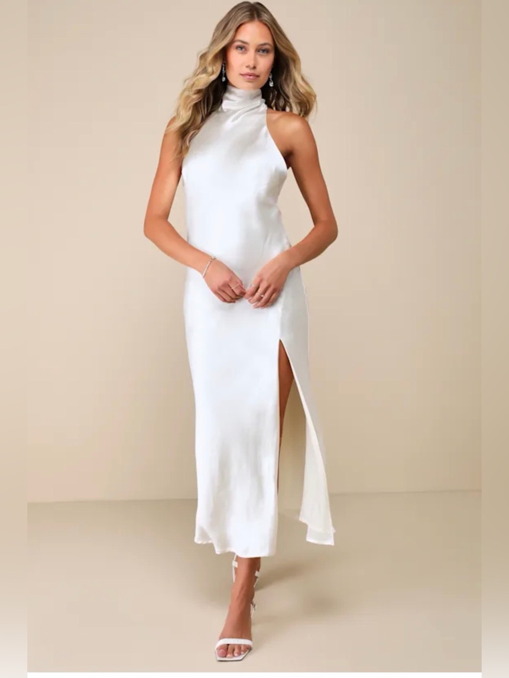 NWT Lulus Elegant Ivory Satin Halter Open Back Side Slit Midi Slip Dress Small